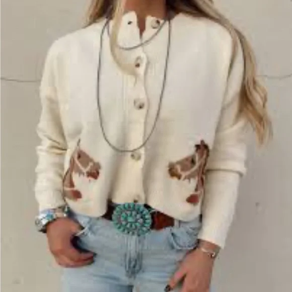 Western Rodeo Horse Knit Button Front Cardigan Sweater Top Yellowstone - Picture 6 of 6
